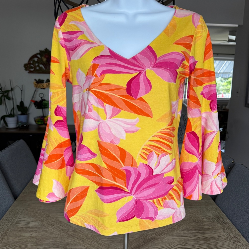 Boston Proper Women XS Yellow Pink Resort Floral Cruise Bell Sleeve Top Tropical